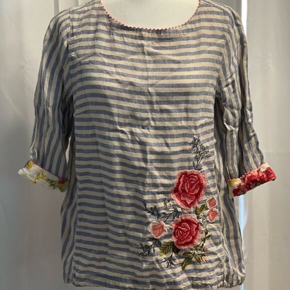COPY - J.jill love linen 💯% striped embroidered top S petite - Picture 5 of 8